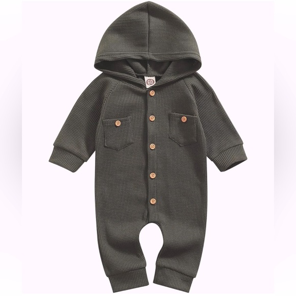Gray Waffle Hoodie Footie One Piece with Ribbed Cuffs & wooden buttons, 6-12M - Picture 1 of 6